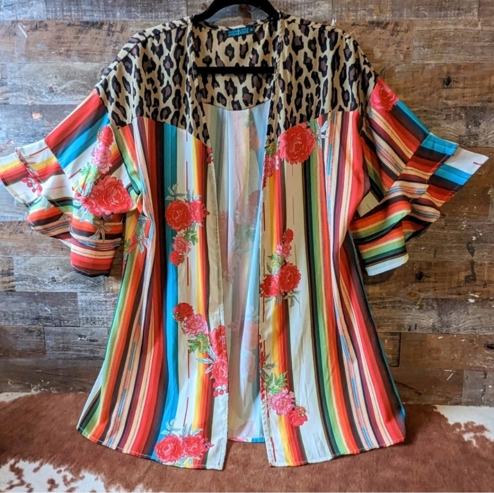 Fashion Express lightweight animal print& stripe cardigan/ kimono sz M #1371